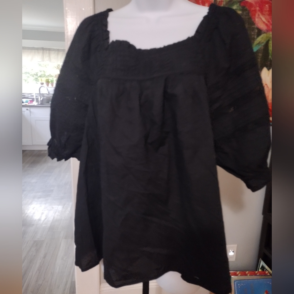 LOFT Black Peasant Blouse with Puff Sleeves